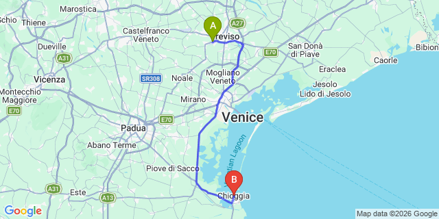 Map: Venice Treviso Airport (TSF) to Chioggia