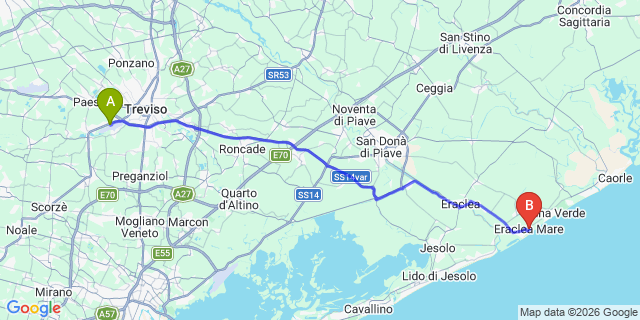 Map: Venice Treviso Airport (TSF) to Eraclea Mare