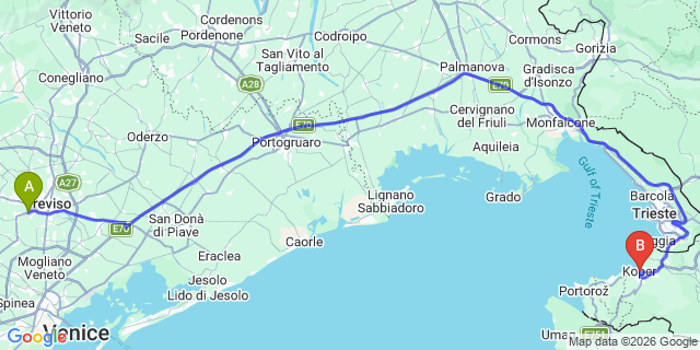 Map: Venice Treviso Airport (TSF) to Koper