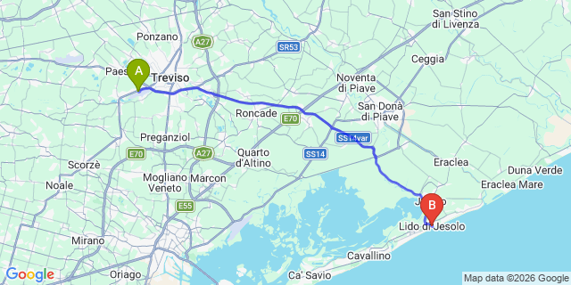 Map: Venice Treviso Airport (TSF) to Lido di Jesolo