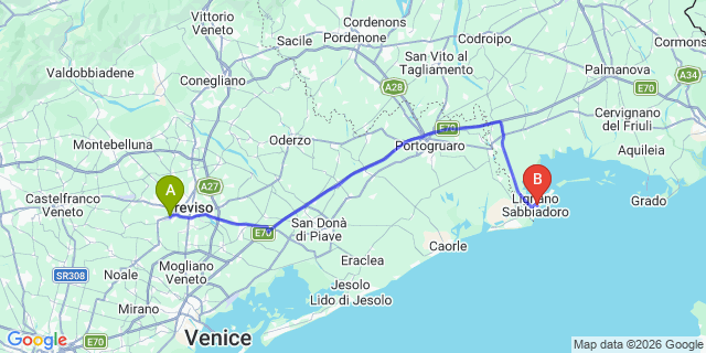Map: Venice Treviso Airport (TSF) to Lignano Pineta