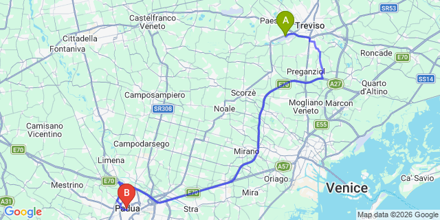 Map: Venice Treviso Airport (TSF) to Padova