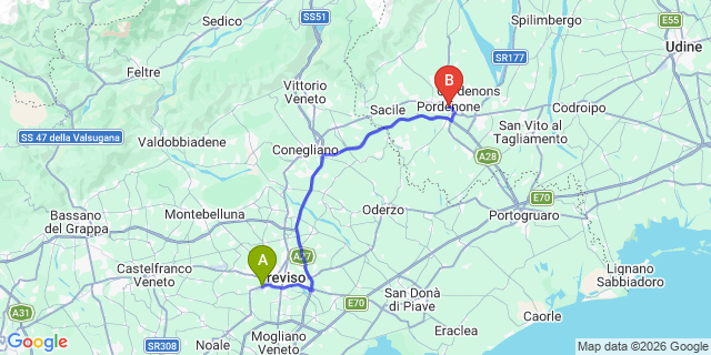 Map: Venice Treviso Airport (TSF) to Pordenone