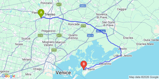 Map: Venice Treviso Airport (TSF) to Punta Sabbioni