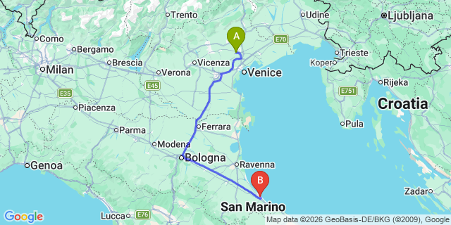 Map: Venice Treviso Airport (TSF) to Rimini
