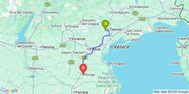 Map: Venice Treviso Airport (TSF) to Rovigo