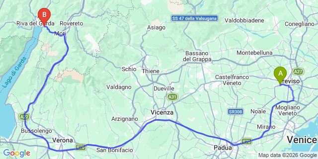 Map: Venice Treviso Airport (TSF) to Torbole