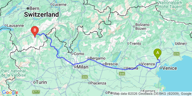 Map: Venice Treviso Airport (TSF) to Turin
