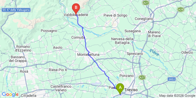 Map: Venice Treviso Airport (TSF) to Valdobbiadene
