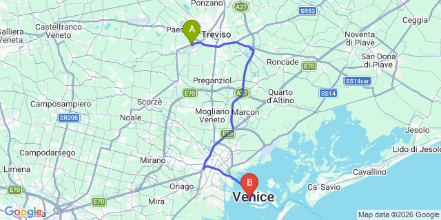 Map: Venice Treviso Airport (TSF) to Venice Cruise Port