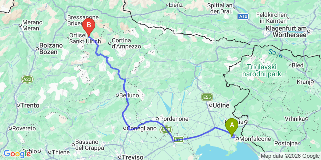 Map: Trieste Airport (TRS) to Alta Badia