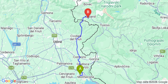 Map: Trieste Airport (TRS) to Bovec