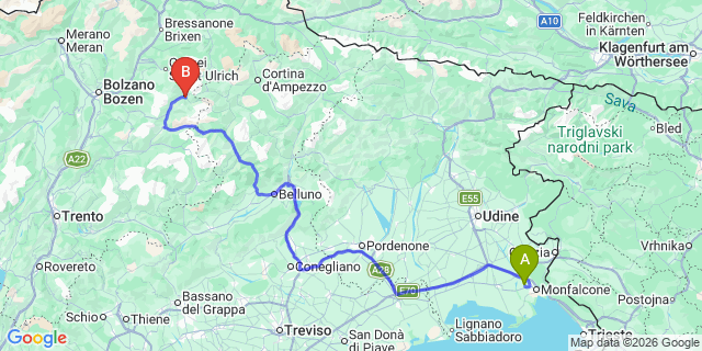 Map: Trieste Airport (TRS) to Canazei