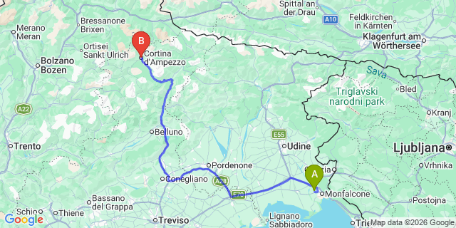 Map: Trieste Airport (TRS) to Cortina dAmpezzo