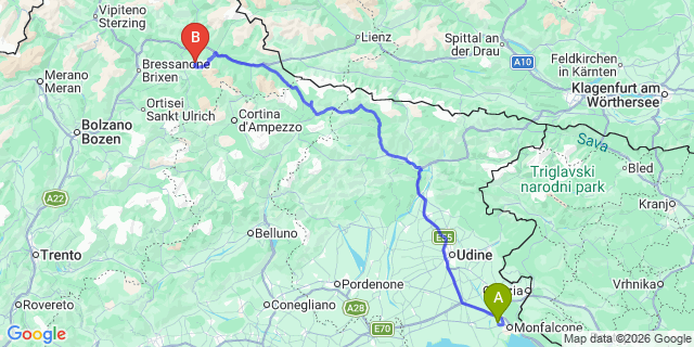 Map: Trieste Airport (TRS) to Kronplatz