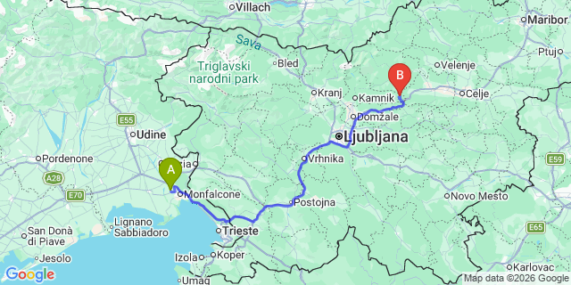 Map: Trieste Airport (TRS) to Novalja