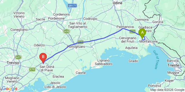 Map: Trieste Airport (TRS) to Noventa di Piave