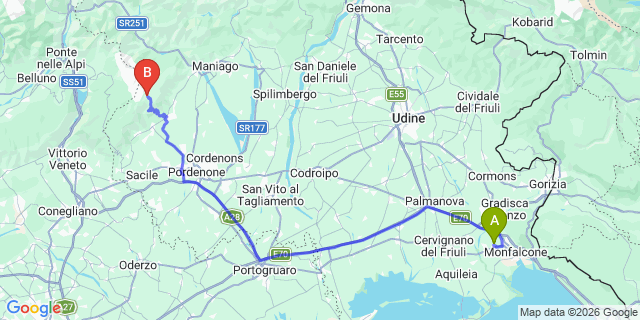 Map: Trieste Airport (TRS) to Piancavallo