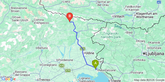 Map: Trieste Airport (TRS) to Ravascletto