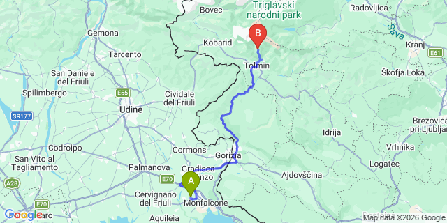 Map: Trieste Airport (TRS) to Tolmin