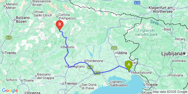 Map: Trieste Airport (TRS) to Val di Zoldo