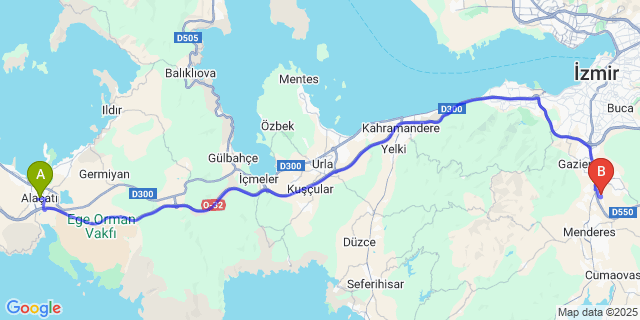 Map: Izmir Adnan Menderes Airport (ADB) to Alaçatı