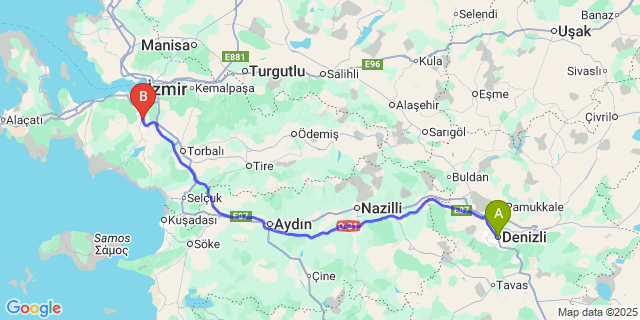 Map: Izmir Adnan Menderes Airport (ADB) to Denizli