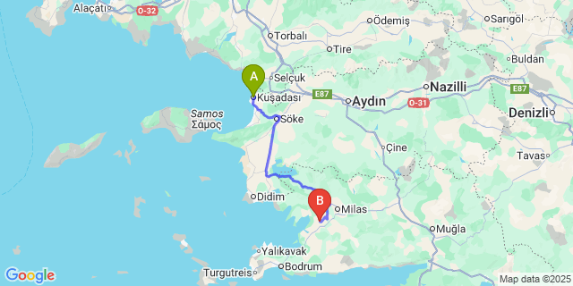 Map: Milas–Bodrum Airport (BJV) to Kuşadası