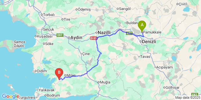 Map: Milas–Bodrum Airport (BJV) to Pamukkale