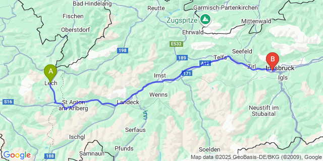 Map: Innsbruck Airport (INN) to Lech