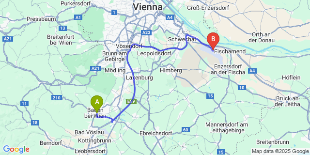 Map: Vienna Airport (VIE), Schwechat, Wien to Baden