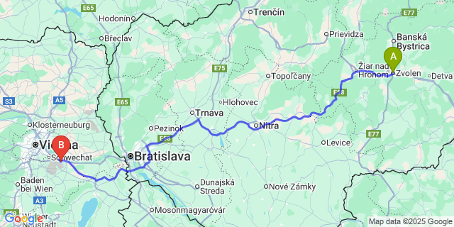 Map: Vienna Airport (VIE), Schwechat, Wien to Zvolen