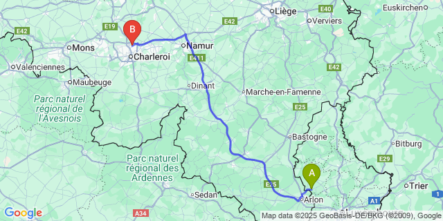 Map: Charleroi Airport Brussels South (CRL) to Beckerich