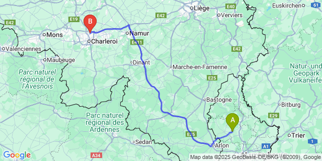 Map: Charleroi Airport Brussels South (CRL) to Boevange-sur-Attert