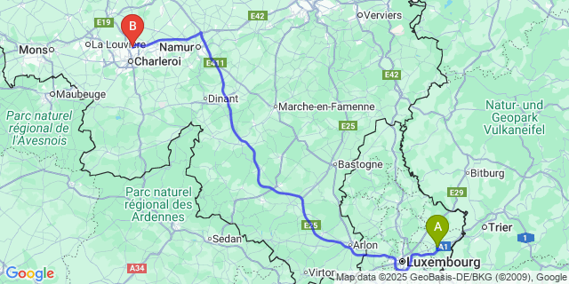 Map: Charleroi Airport Brussels South (CRL) to Flaxweiler