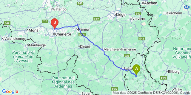 Map: Charleroi Airport Brussels South (CRL) to Goesdorf