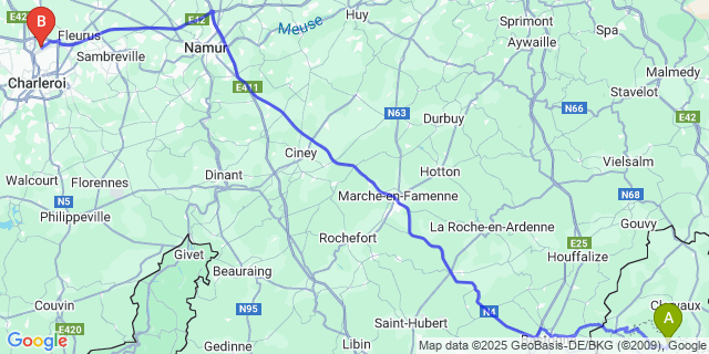 Map: Charleroi Airport Brussels South (CRL) to Kiischpelt