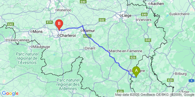 Map: Charleroi Airport Brussels South (CRL) to Lac de la Haute-Sûre