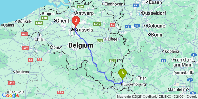 Map: Brussels Zaventem Airport (BRU) to Lorentzweiler
