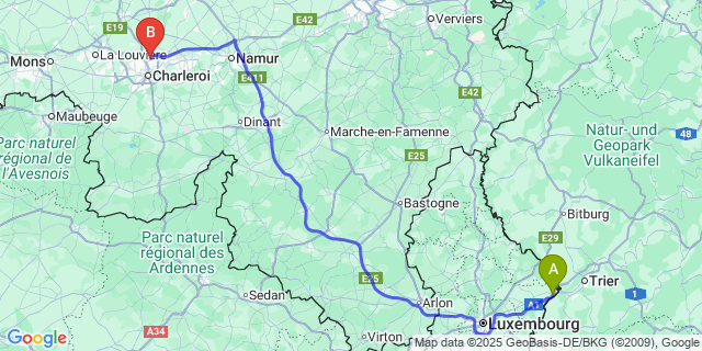 Map: Charleroi Airport Brussels South (CRL) to Mertert