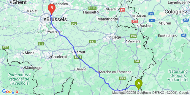 Map: Brussels Zaventem Airport (BRU) to Parc Hosingen