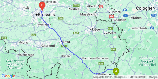 Map: Brussels Zaventem Airport (BRU) to Putscheid