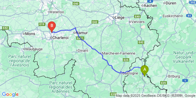 Map: Charleroi Airport Brussels South (CRL) to Putscheid