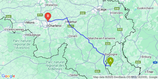 Map: Charleroi Airport Brussels South (CRL) to Rambrouch