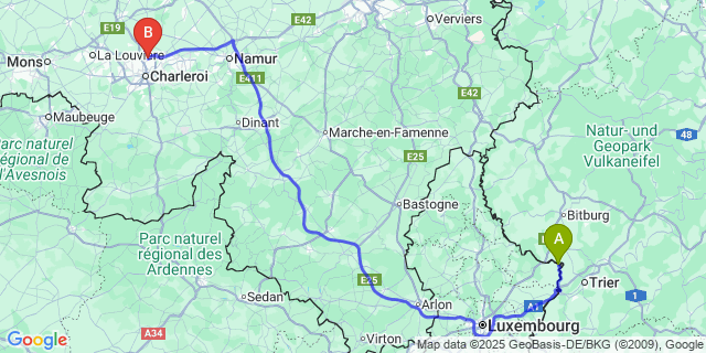 Map: Charleroi Airport Brussels South (CRL) to Rosport