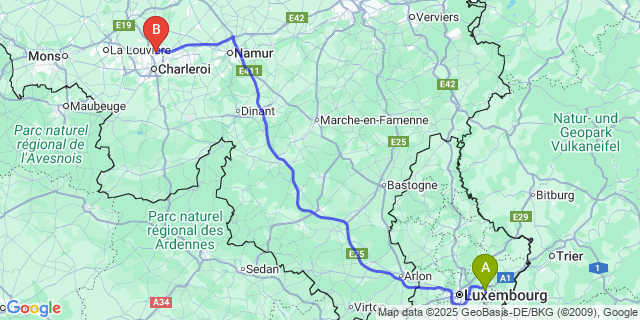 Map: Charleroi Airport Brussels South (CRL) to Schuttrange