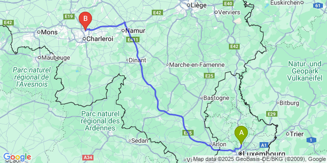 Map: Charleroi Airport Brussels South (CRL) to Steinsel