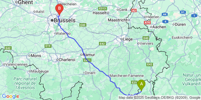 Map: Brussels Zaventem Airport (BRU) to Wincrange