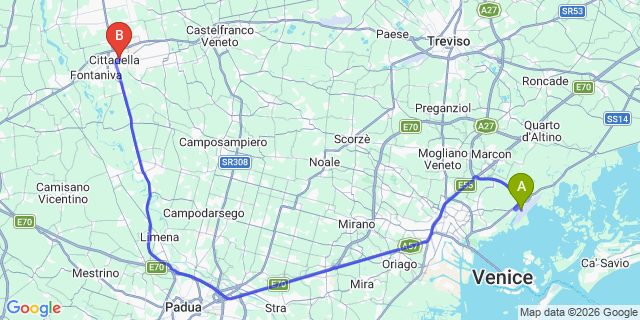 Map: Venice Marco Polo Airport (VCE) to Abano Terme