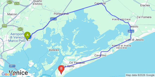 Map: Venice Marco Polo Airport (VCE) to Camping Village Marina di Venezia